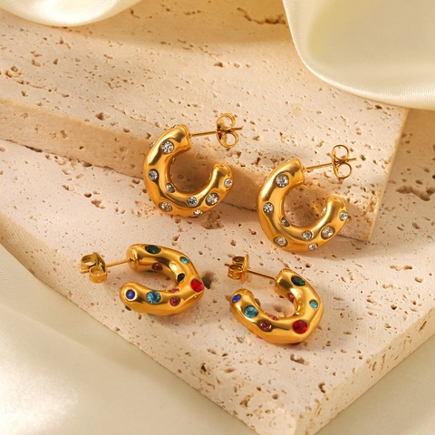 Chunky C Hoop Earrings Stainless Steel 18K Gold Plated Cubic Zirconia Geometric Colorful Fashion For Women
