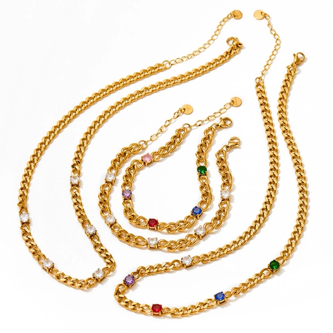 Collana E Bracciale A Catena Cubana In Acciaio Inossidabile Con Zirconi Colorati Gioielli Di Moda Per Donne