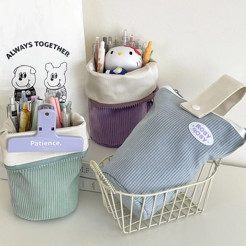 Corduroy Ribbed Stand Up Pencil Case Pen Holder Desktop Stationery Storage Pouch With Handle For Students School Office