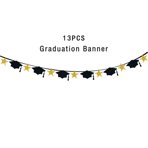 Graduation Party Decorations Glitter Congrats Grad Banner Graduation Cap Star Garland Paper Cake Toppers School Party Supplies