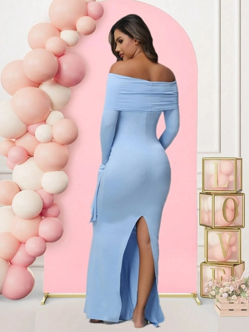 Abito Premaman Spalle Scoperte Maniche Lunghe A Campana Vestito Da Sera Aderente Spacco Maglia Elegante