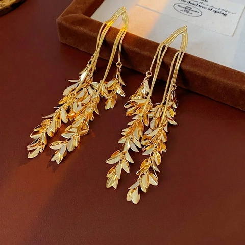 Leaf Tassel Dangle Earrings Gold Plated Copper Elegant Long Ear Jewelry With Silver Earring Post For Women Luxury Style