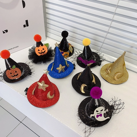 Halloween Haarclips En Hoofdbanden Mini Heksenhoed Pompoen Vleermuis Geest Glitter Stof Mesh Voor Party Cosplay Accessory