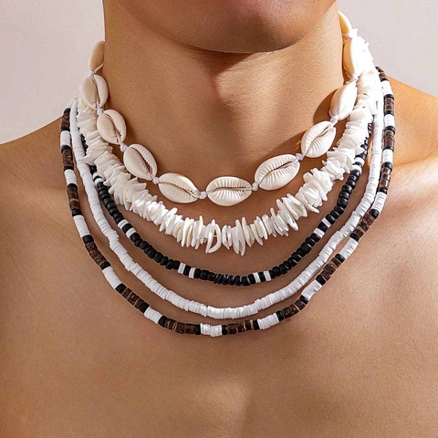 Collar Multicapa Bohemio Con Concha Cuentas De Madera Y Arcilla Polimérica Estilo De Vacaciones En La Playa Para Hombres