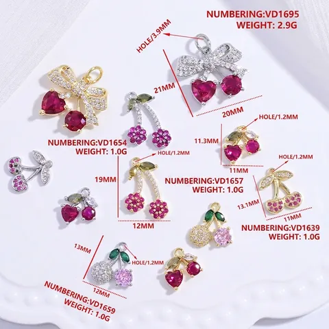 Ciondolo Ciliegia Pendenti Fiocco Ottone Con Zirconi Colorati Accessorio Gioielli DIY Collana Braccialetto Donna