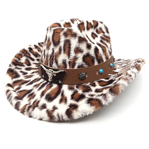 Cappello Da Cowboy Western Con Stampa Leopardata Pelliccia Sintetica Tesa Larga Con Testa Di Toro E Decorazione Turchese
