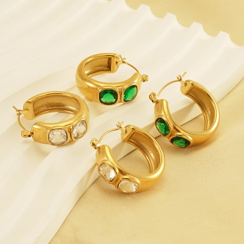 Vintage Hoop Earrings Stainless Steel 18K Gold Plated Square Zircon Inlaid Retro Luxury Huggies For Women Fashion