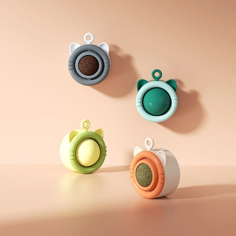 Rotating Catnip Ball Toy Wall Mounted Edible Healthy Cat Snack Kitty Treat Ball ABS Base Cat Head Design Grinding Teeth