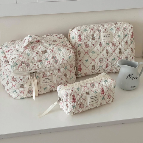 Borsa Trucco In Cotone Trapuntato Stampa Orso Floreale Pochette Da Toilette Organizzatore Da Viaggio Portatile