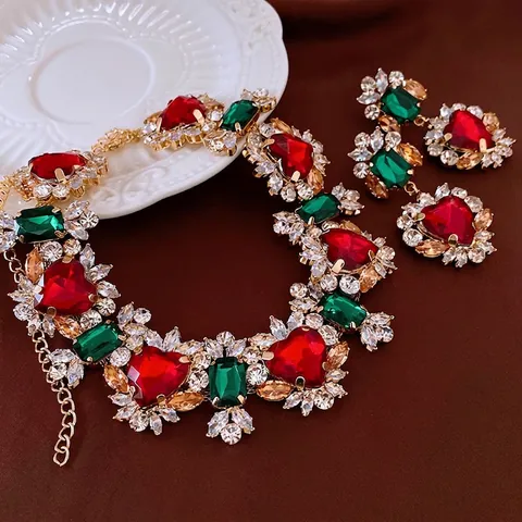 Luxury Vintage Heart Necklace Earrings Jewelry Copper Colorful Zircon With Silver Earring Post For Women Banquet