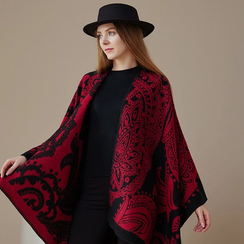 Damen Winter Warme Imitation Kaschmir Schal Umhang Retro Wellen Paisley Jacquard Fransen Oversized Decke Schal Tuch