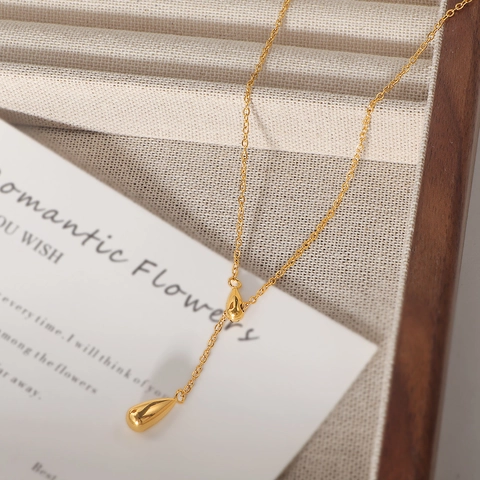 Titanium Steel Teardrop Y-Shaped Adjustable Pull Necklace For Women Minimalist Gold Color Water Drop Pendant Clavicle Chain Jewelry