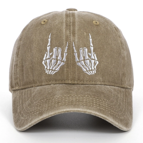 Baseball Cap Gewaschene Baumwolle Vintage Totenkopf Hand Stickerei Rock Geste Streetwear Hip Hop Dad Hat Verstellbar