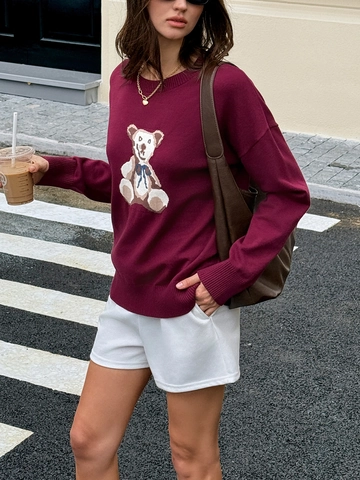 Pull En Tricot Pour Femme Mélange De Viscose Motif Ours En Peluche Col Rond Manches Longues Décontracté Rétro Chic