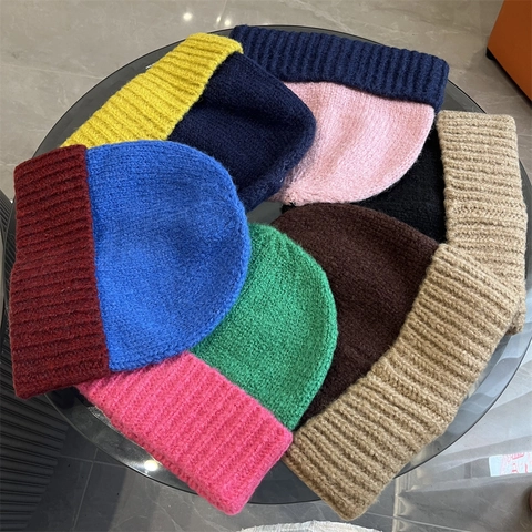 Gorro de Punto de Bloque de Color Cálido de Invierno para Mujer Gorro de Punto Acanalado Casual Chic Sombrero Suave a Prueba de Viento Al Aire Libre
