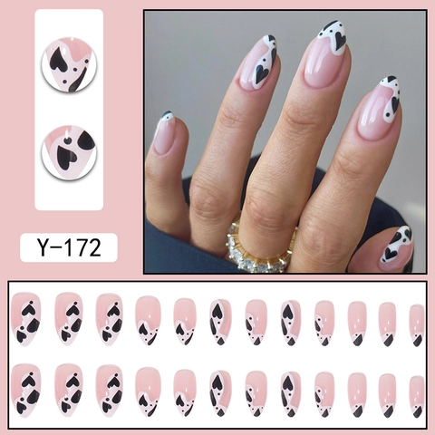 Unghie Finte Forma Mandorla Base Rosa E Design Con Motivo A Cuore Nero Eleganti Unghie A Pressione Per Donne Manicure Fai Da Te