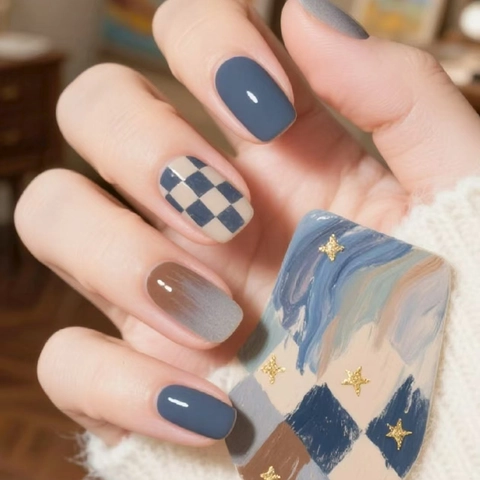 Uñas Postizas Cuadradas Redondeadas Diseño De Tablero Azul Retro Degradado Marrón Azul Morandi Plástico ABS Brillante Puntas De Uñas Manicura