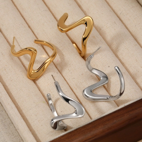 Stainless Steel Wave Earrings Irregular Spiral Modern Minimalist Waterproof PVD Plated Hand Polished Jewelry For Women