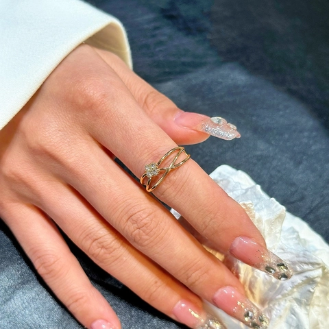 Criss Cross Hollow Out Stainless Steel Ring With Zircon Flower Design Adjustable Open Minimalist Jewelry For Women