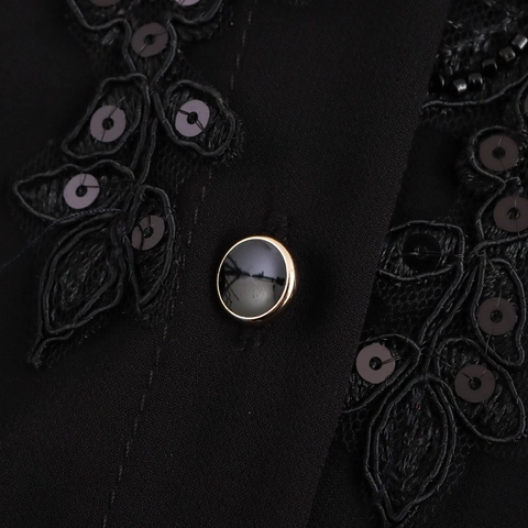 Dames Zwarte Chiffon Blouse Lange Mouw Transparante Mesh Shirt Geborduurde Bloemen Pailletten Kralen Revers Los Elegant