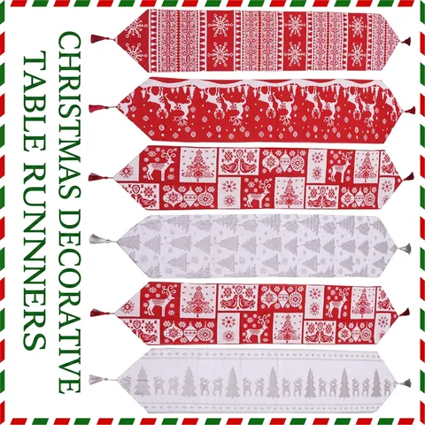 Christmas Table Runner Knitted Reindeer Snowflake Pattern With Tassels Festive Holiday Dining Table Decor