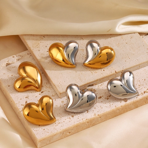 Conjunto De Joyas De Corazón De Acero Inoxidable Pulido Oro Plata Bicolor Collar Pendientes Anillo Para Mujer Moda
