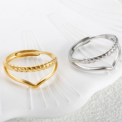 Fashion Stainless Steel V Shape Wave Heart Feather Adjustable Open Rings For Women Gold Silver Plated Elegant Jewelry Accessory
