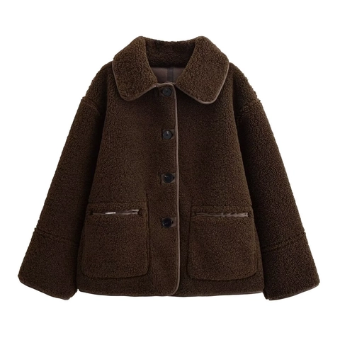 Giacca da Donna Casual Larga in Vello Sherpa Cappotto Colletto a Punta Bottoni Teddy Capispalla Con Tasche Caffè Tinta Unita Inverno