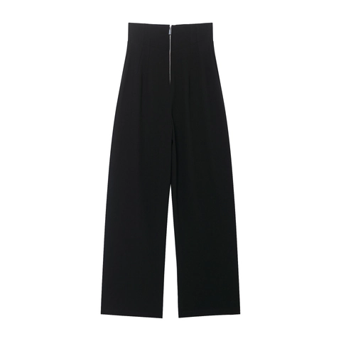 Women High Waisted Wide Leg Pants Front Zipper Polyester Solid Black Casual Streetwear Fashionable Bottoms