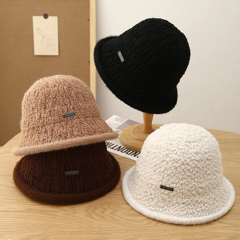 Sombrero De Pescador Para Mujer Invierno De Lana De Cordero Sintética Punto Cálido Color Sólido Ajustable Vintage
