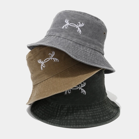Bucket Hat Washed Cotton With Deer Antler Embroidery Vintage Sun Protection Outdoor Fishing For Men Women