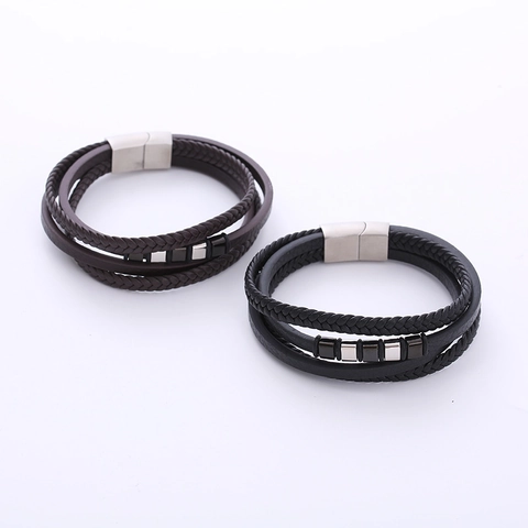 Multi Layer Braided Leather Bracelet With 304 Stainless Steel Magnetic Clasp Geometric Charms Vintage Jewelry For Men