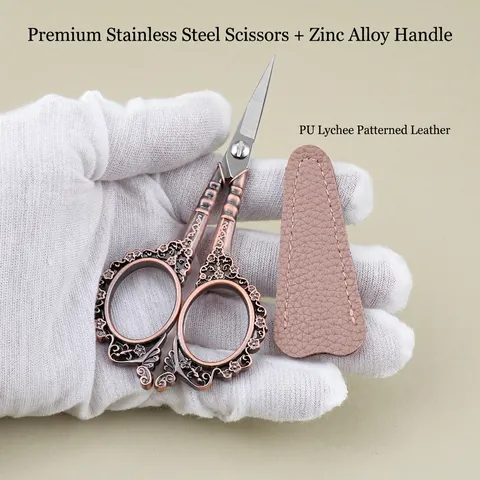 Retro Stainless Steel Embroidery Scissors With Floral Embossed Zinc Alloy Handle And PU Leather Sheath Sharp Tip Crafting Tool