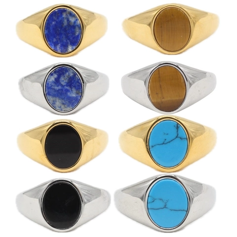 Oval Gemstone Signet Ring Stainless Steel Vintage Unisex Jewelry Tiger Eye Lapis Lazuli Turquoise Black Agate
