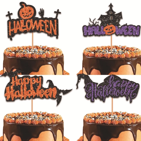 Topper Per Torta Halloween Carta Luccicante Zucca Castello Cappello Da Strega Decorazione Festa Accessorio Dolce Legno