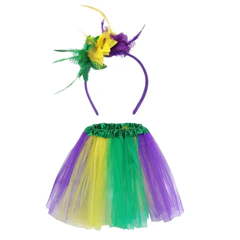 Mardi Gras Karneval Kostüm Feder Stirnband Spitze Netz Tutu Rock Tüll Pailletten Lila Grün Gelb Party Festival