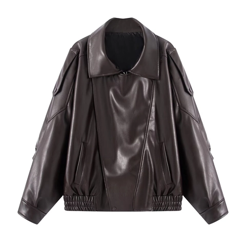 Damen Jacke Aus Kunstleder Locker Passend Drop Shoulder Moto Biker Stil PU Oberbekleidung Umlegekragen Langarm Braun