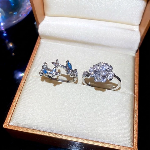 Anello Aperto Fiore Camelia Stile Francese Per Donna Elegante Rame Zircone Regolabile Gioielli Lusso Tono Argento