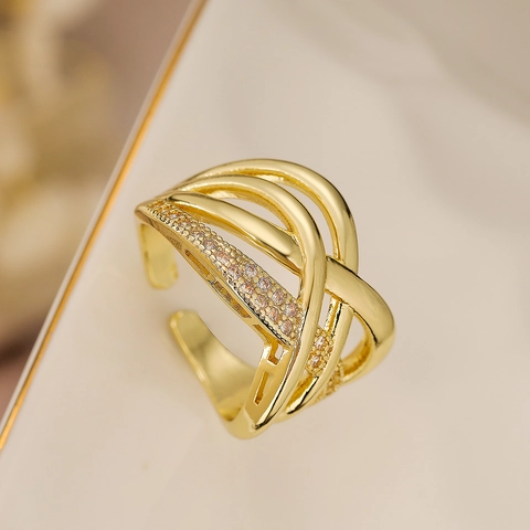 Anello Aperto Geometrico alla Moda in Rame Placcato Oro 18K con Zirconi Intarsiati Regolabile Gioielli da Donna Regalo