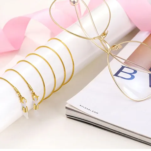 Stainless Steel Glasses Chain Snake Bone Link Eyewear Strap Anti Slip Silicone Loop Sunglasses Lanyard Golden Holder