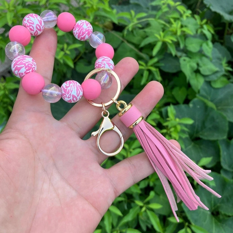 Luminous Beaded Wristlet Keychain Silicone Beads Leopard Print With Tassel Faux Leather Gold Ring Elastic Wrist Strap