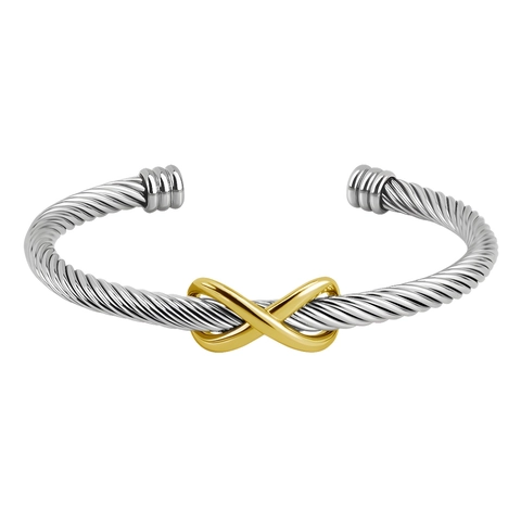 304 Edelstahl Gedrehtes Kabel Manschettenarmband Zweifarbig Gold Unendlichkeitssymbol Offener Armreif Frauen Schmuck