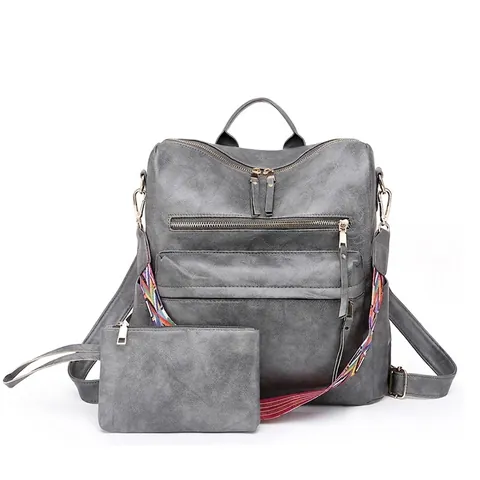 Dames PU Leren Rugzak En Tas Kleurrijke Gestreepte Geweven Riem Mode Retro Multi Pocket Anti Diefstal Reisrugzak