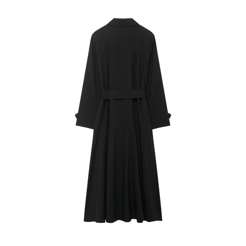 Women Trench Midi Dress Polyester Double Breasted Belted Long Sleeve Elegant British Style Solid Color Casual