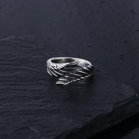 Retro Engel Flügel Feder Offener Ring Für Männer Vintage Kupfer Metall Verstellbar Punk Hip Hop Finger Schmuck Geschenk