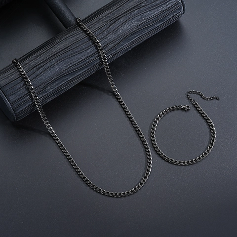 Collana E Bracciale A Catena Curb In Acciaio Inossidabile Placcato Nero Sottovuoto Hip Hop Minimalista Punk Gioielli Unisex