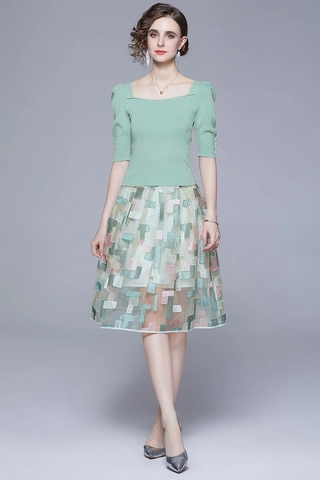 Women Knitted Square Neck Top And Geometric Embroidery Mesh Midi Skirt Elegant Office Lady Fashion Outfit