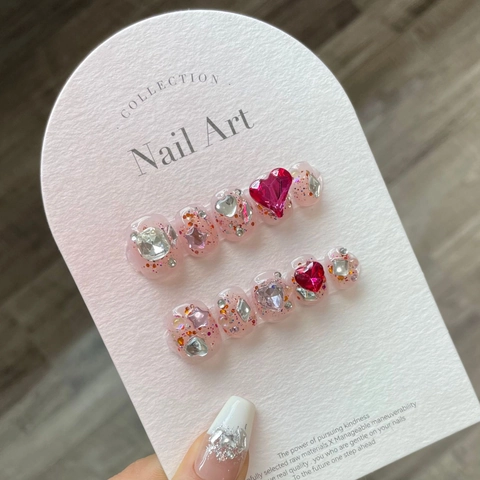 Handgefertigte Press On Nägel Himbeer Tee Künstliche Nägel Mit Herz Strass Glitzer Süße Wiederverwendbare Maniküre