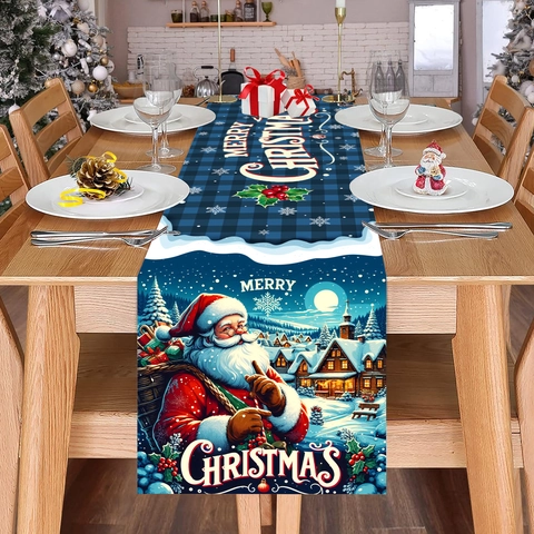 Christmas Table Runner Polyester Blue Plaid Santa Claus Snowflake Pattern Dining Table Restaurant Party Festival Decor