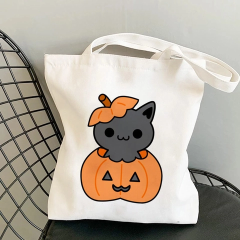 Halloween Canvas Tragetasche Kürbis Katze Druck Schulter Einkaufstasche Für Frauen Täglich Lässig Feiertag Party Trendig